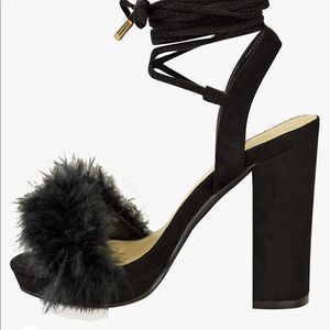 Block heel sandal with faux feather